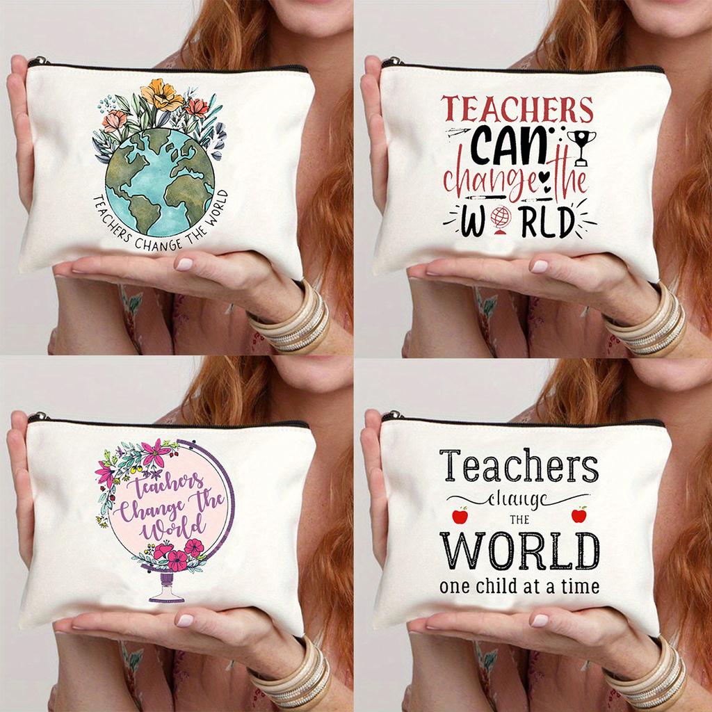 Simple Teacher Change The World Pattern Print Makeup Bag, Women Handhold Bag Travel Cosmetics Storage Pouch Bag Toiletry Bag, Gift For Teacher