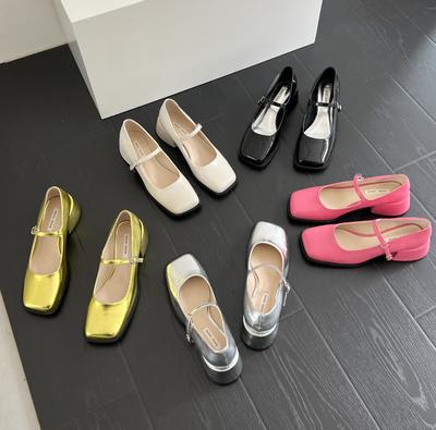 Серебристые туфли Мэри Джейн на толстом каблуке женские лето 2025 новинка интернет-знаменитость квадратный носок открытый верх одинарные туфли