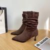 Retro Suede Pointed High-heeled Pleated Piled Boots Women's 2025 Autumn and Winter New Belt Buckle Medium Tube Temperament Martin Boots