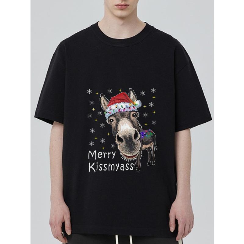 Christmas T Shirt Black Donkey with Santa Hat and Merry Kissmyass Text Holiday Party Wear