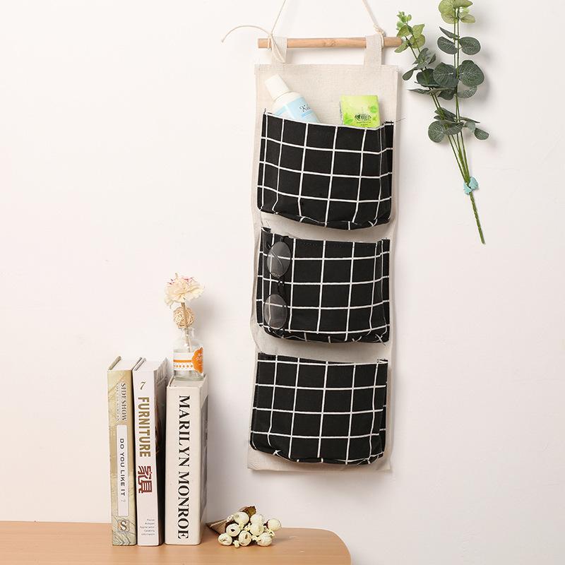 Three Pockets Hanging Wall Storage Bag Household Bedroom Living Room Kitchen Cotton Linen Storage Bag