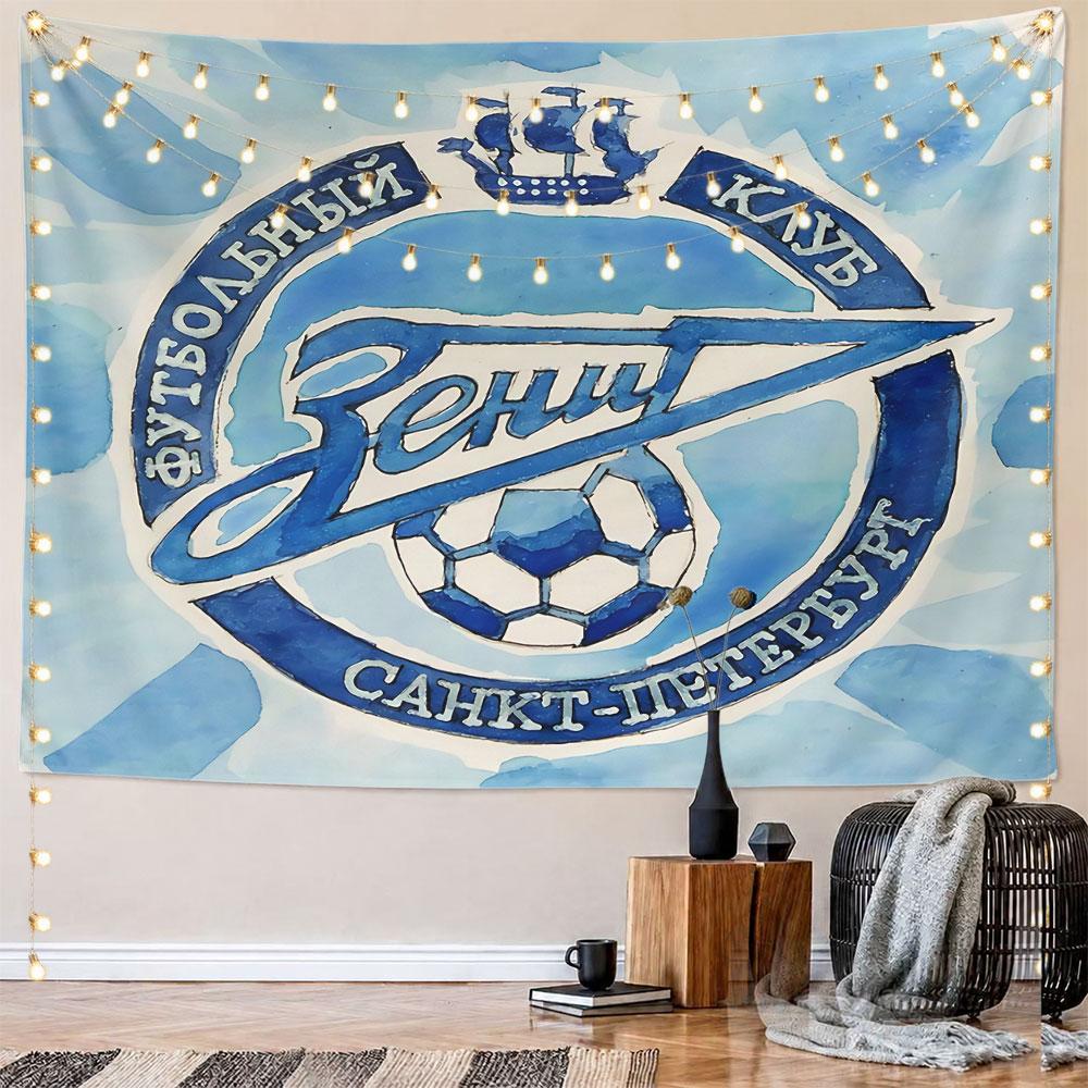 Circular badge with blue lettering, ship, and soccer ball on light blue. Patterned tapestry for bedroom and living room home decor