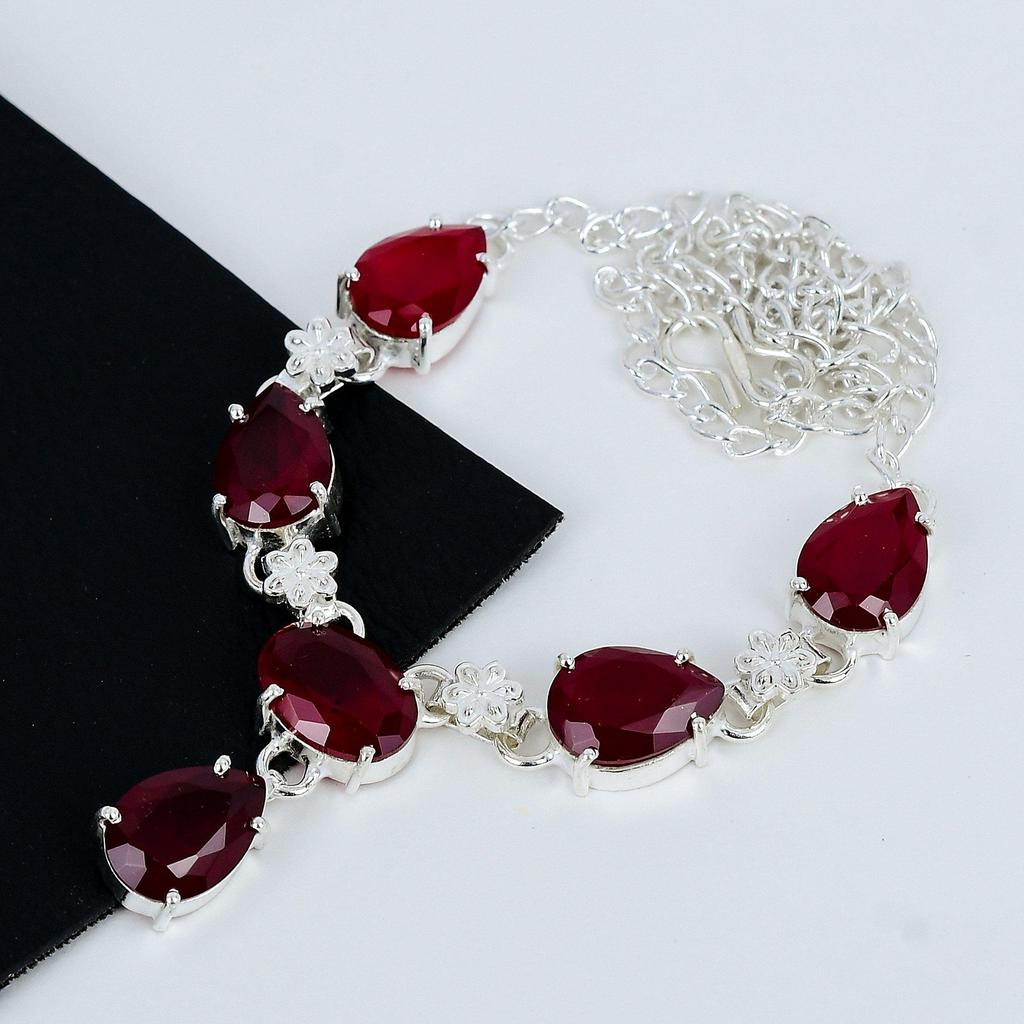 Красный Рубин Драгоценный Камень Ожерелье Ручной Работы Стерлингового Серебра 925 Красный Рубин Драгоценный Камень Ювелирное Ожерелье Для Женщин Подарки на День Святого Валентина Для Женщин