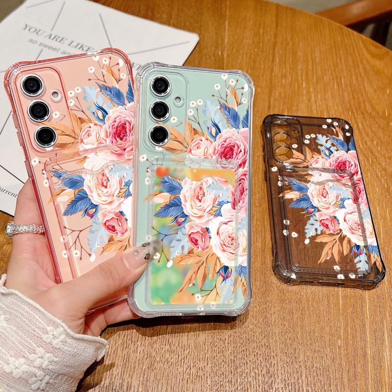Роскошный узор из роз, мягкий силиконовый чехол для телефона Samsung S24 FE S23 S22 Ultra A16 A15 A55 A35 A54 A34, противоударный прозрачный чехол-бампер со слотом для карт