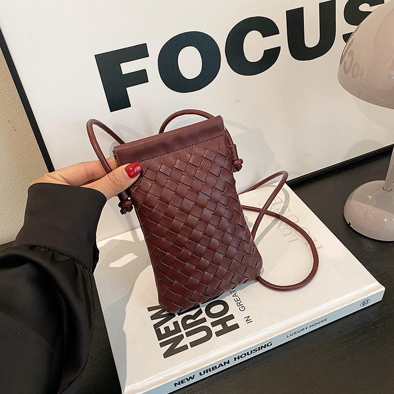 Fashionable Retro Phone Bag Woven Texture Mini Shoulder Crossbody Bag Casual Solid Color Change Storage Bag for Women