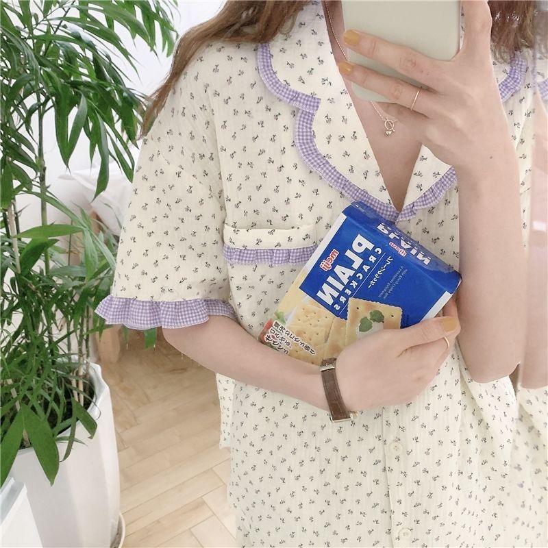 Летний вариант студенческой пижамы, комплект домашней одежды, женские кружевные милые маленькие цветы, шорты с короткими рукавами, пижама для дома