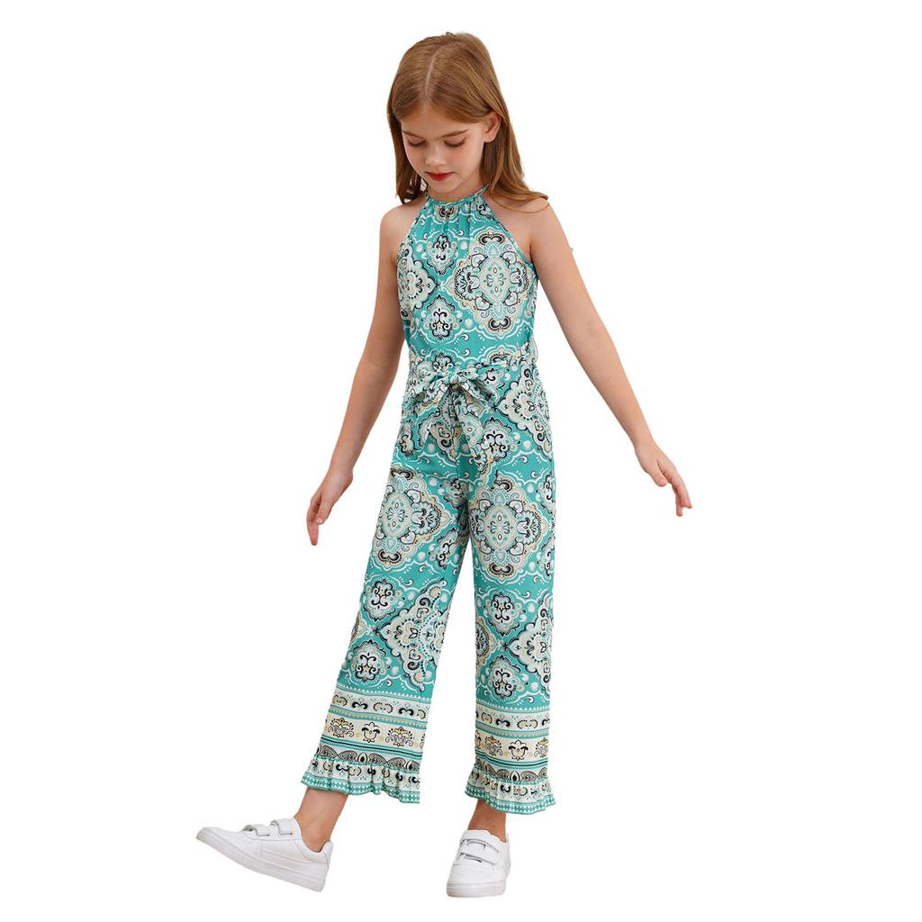 Детский комбинезон без рукавов с цветочным принтом и широкими штанинами для девочек, цельный комбинезон в стиле бохо с поясом, летний сарафан, комбинезон