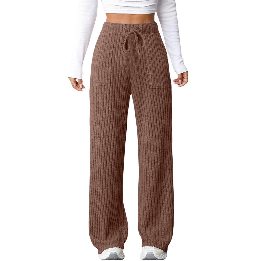 2025 Autumn/Winter Women's Casual Ribbed Pocket Long Pants – European & American Style