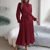 Autumn Winter Women Long Sleeve Solid Pleated High Waist A Line Stand Collar Long Dress EMA