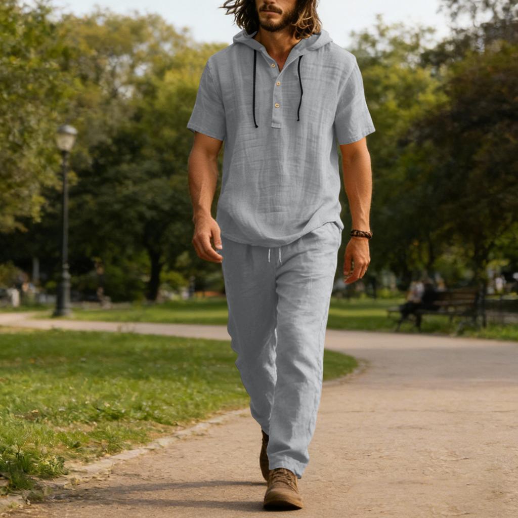 Мужской повседневный льняной комплект, Рубашка на пуговицах, Брюки с эластичным поясом и кулиской, Свободные, Удобный комплект из двух предметов