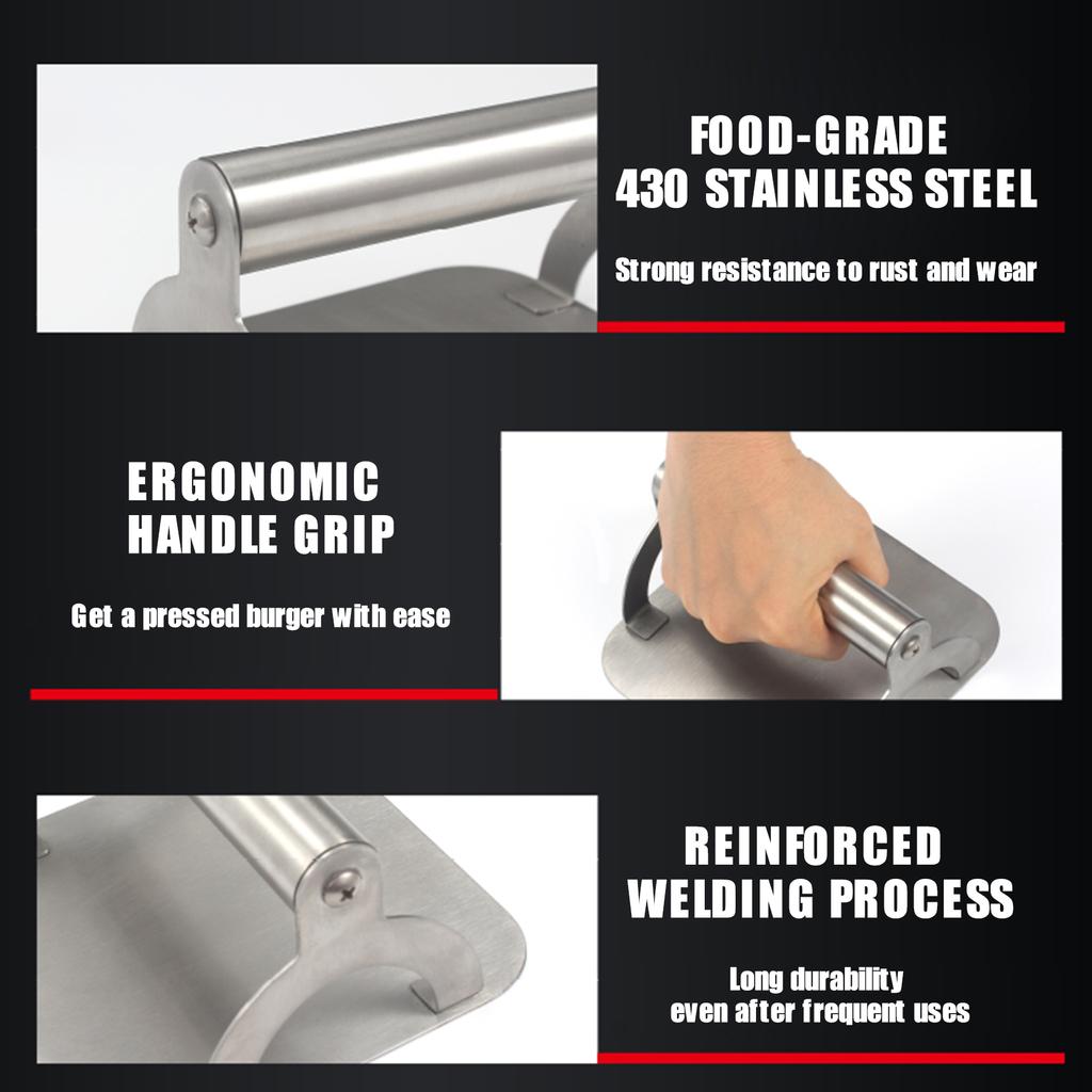 Пресс для гамбургеров с антипригарным покрытием и эргономичной ручкой. Пресс для гамбургеров из пищевой нержавеющей стали. Сосиска с беконом.