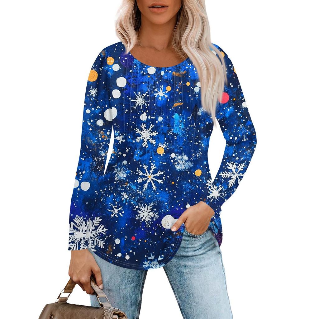 Женская повседневная футболка с круглым вырезом и длинными рукавами с рождественским принтом и складками