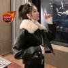 Women's Retro Velvet Leather Short Coat with Lamb Fur Collar – Black Motorcycle Jacket for Autumn/Winter 2023.