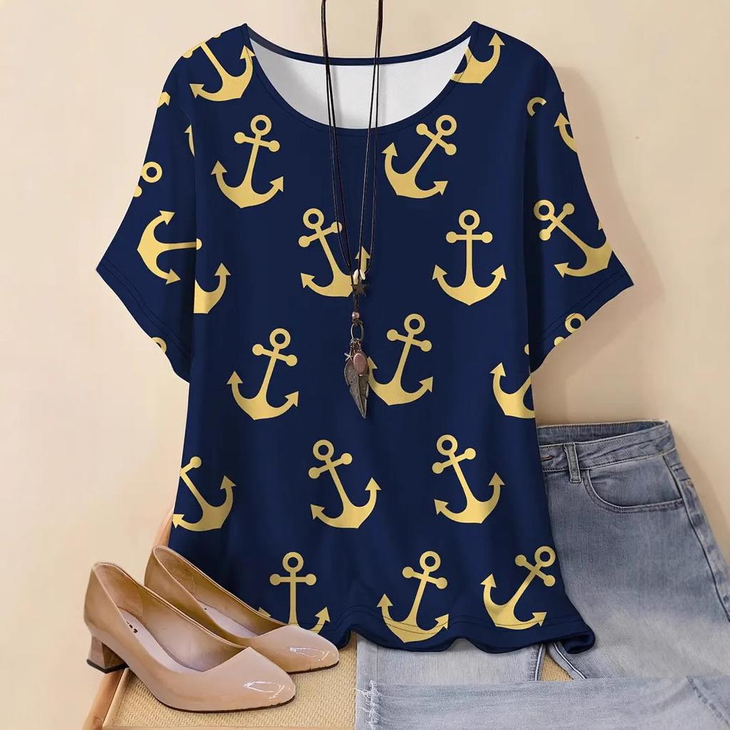 XL-7XL Плюс Размер Короткие Рукава Круглый Вырез Футболка Для Женщин Топы 3D Печать С Якорем Рисунок Футболки