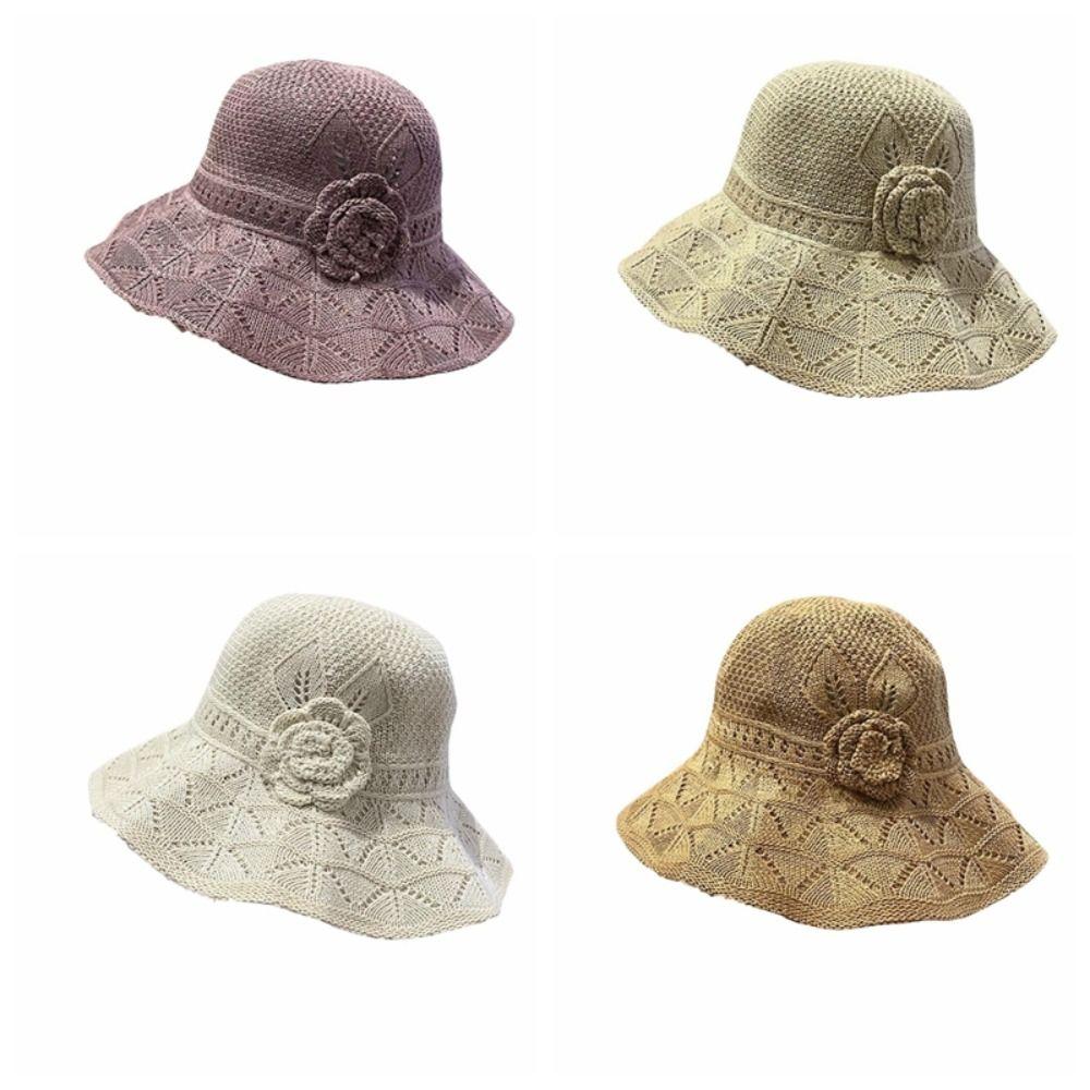 Elegant Sweet Straw Sun Hat Big Brim French Style Knitted Bucket Hat Visor Cap Temperament Seaside Beach Cap Lady