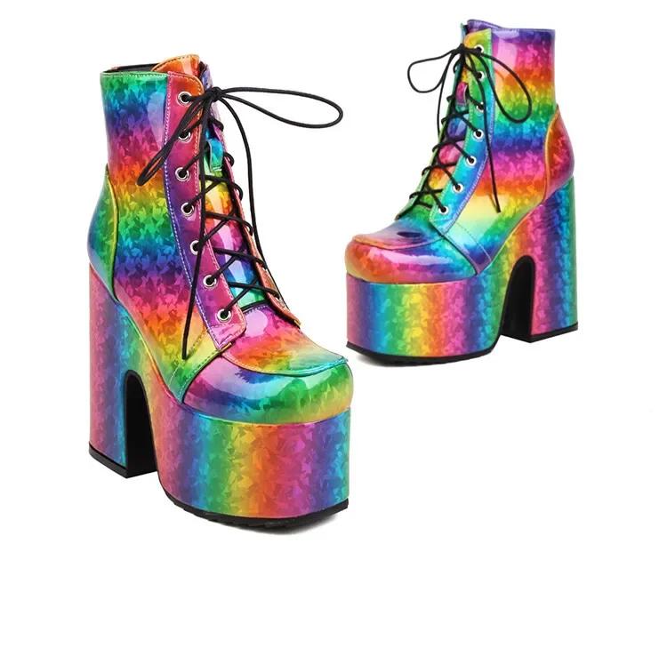 Women Rainbow Boots Colorful Gradient Lace-up Platform Gothic Halloween Bat Shoes High Heels Winter Warm Ankle Motorcycle Boots