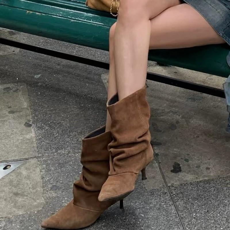 Plus Size Womens Pointed Toe Mid Calf Boots Faux Suede Stacked Western Style Heeled Fall Winter