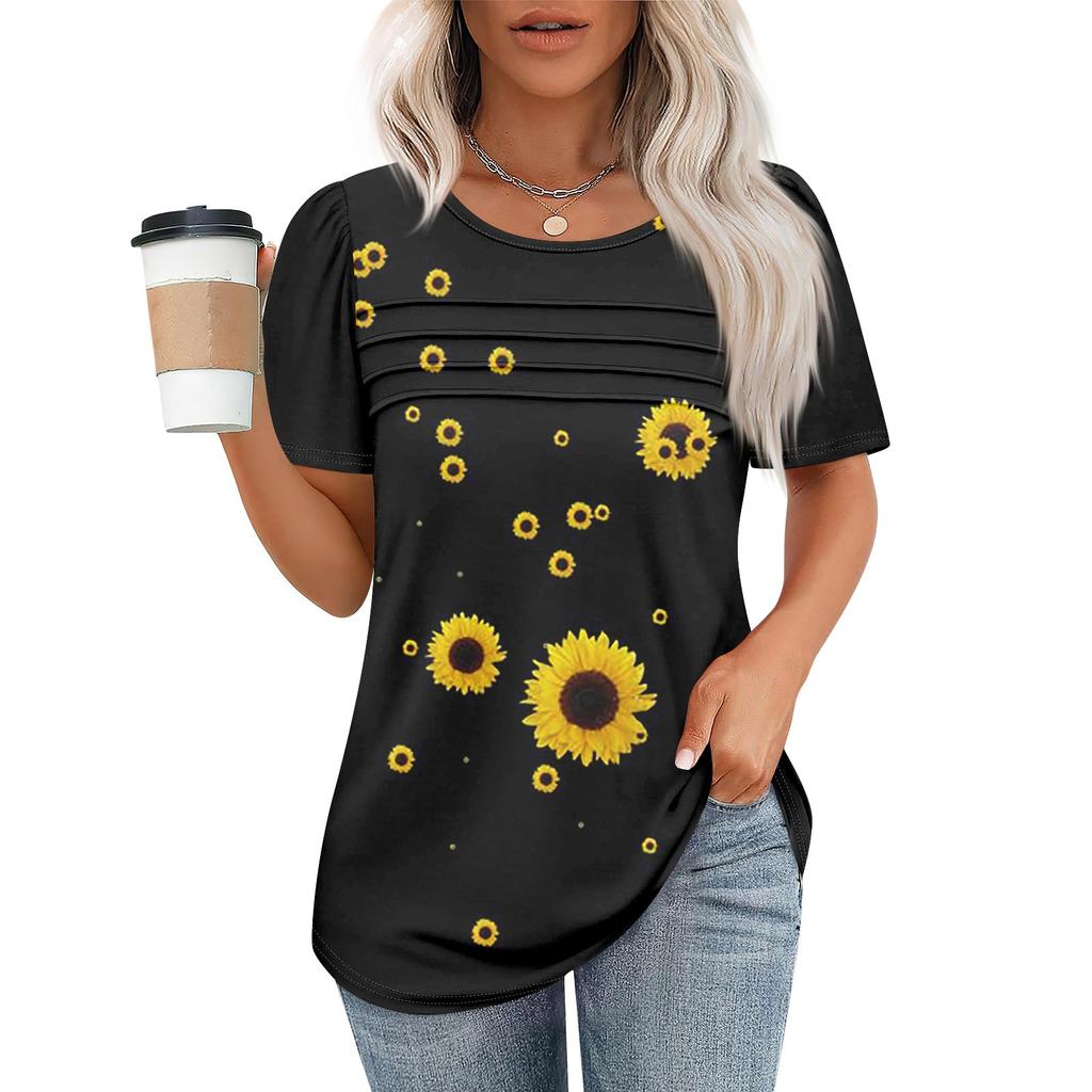 T Shirts For Women Pleated Round Neck Dressy Casual Blouses Printing Short Sleeve Summer Tops Loose Fit