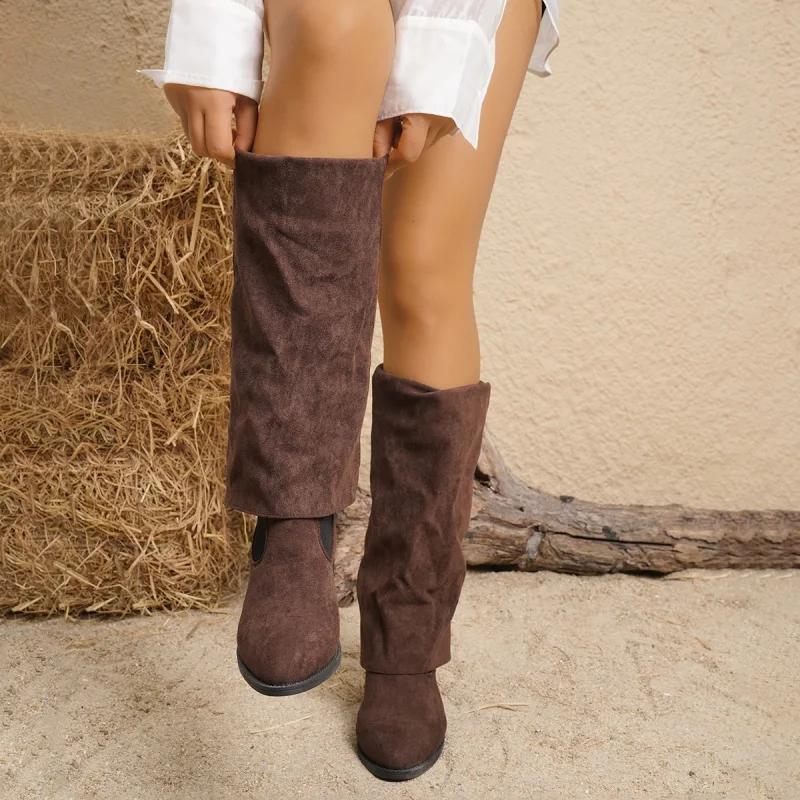 Трендовые женские сапоги «Челси» до колена, брендовые туфли на среднем каблуке, зимние новые туфли в готическом стиле в стиле мотоциклетной замши в стиле ретро, массивные ботинки Mujer