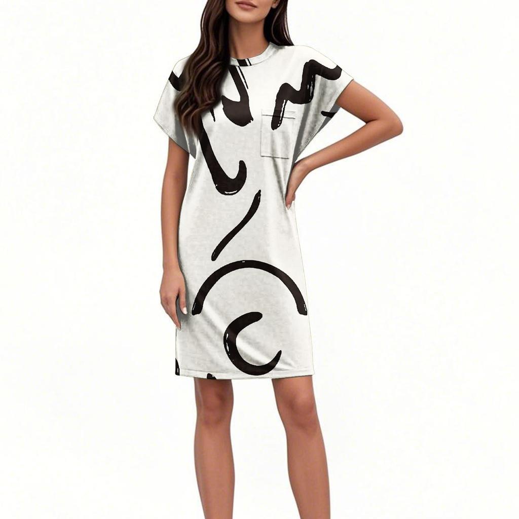 Женское модное повседневное летнее платье в стиле ретро с коротким рукавом и круглым вырезом
