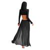 Fashion Women Sheer Dress Maxi Hollow Out Mesh Coverup with Long Sleeves Hooded Mask and High Slit, Sexy Party Club Wear