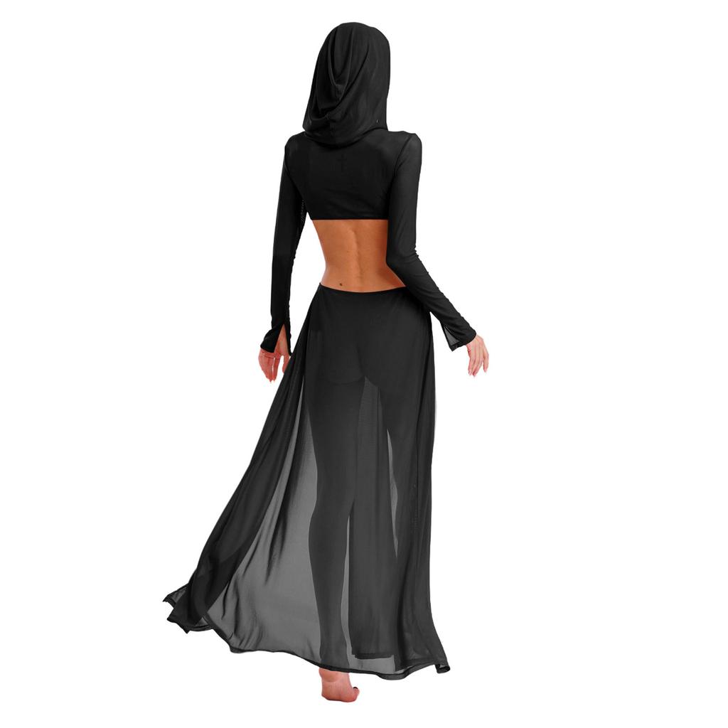 Fashion Women Sheer Dress Maxi Hollow Out Mesh Coverup with Long Sleeves Hooded Mask and High Slit, Sexy Party Club Wear