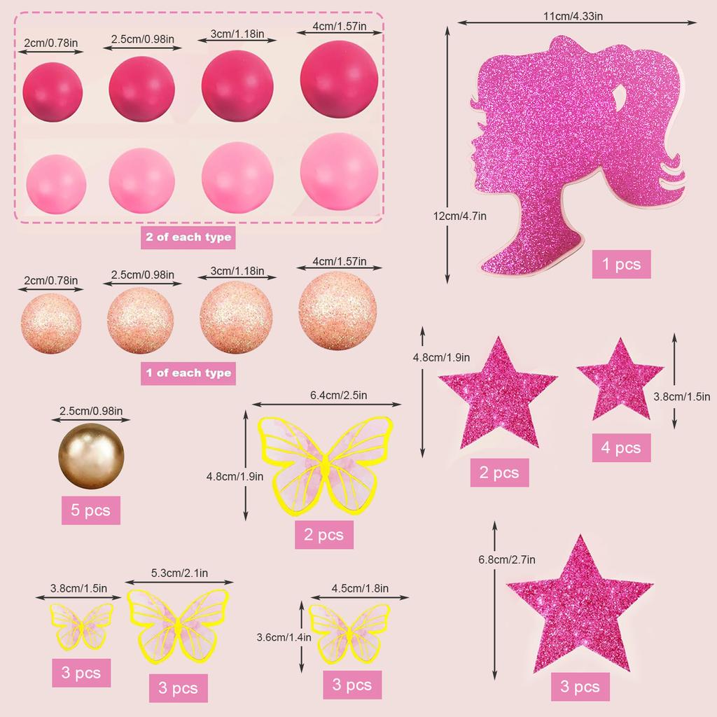Hot Pink Girl Gold Butterfly Balls Star Doll Cake Topper for Wedding Baby Shower Anniversary Girl Birthday Themed Party Supplies
