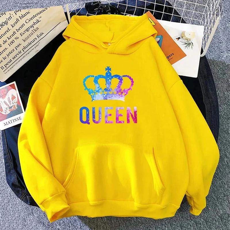 Свитшоты с принтом Queen King для пар, повседневные, спортивные, с капюшоном, с длинным рукавом, пуловер, женские, мужские, для дома, улицы, комфортные, теплые худи