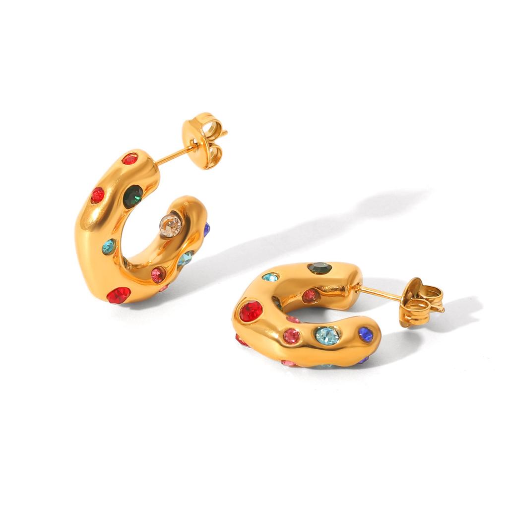 Unusual Shape 18K Gold Stainless Steel Studs with Zircon C-shaped Earrings for Women, High-end Titanium Steel Ear Jewelry