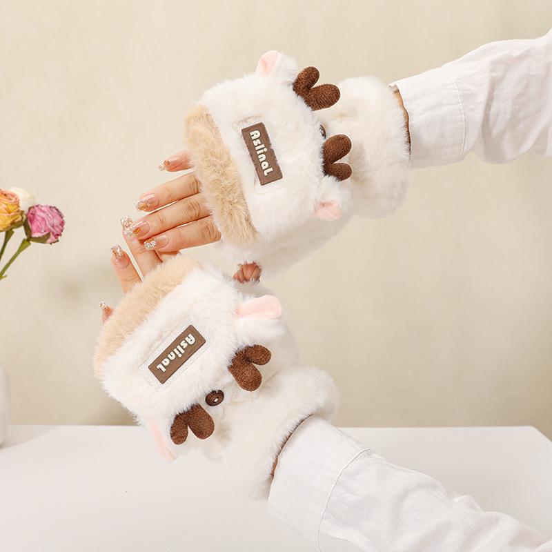 Женские зимние теплые перчатки с откидными пальцами и цветными блоками с оленями - на флисовой подкладке, утолщенные и морозостойкие для письма и езды на велосипеде