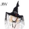 Dark Magician Cosplay Headwear Halloween Witch Hat for Women, Gothic Spider Web Mesh Skeleton Hand Costume Accessories Rose Flower Wizard