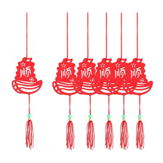 6Pcs Chinese New Year Pendant Red Felt Hanging Decor Paper-Cutting Spring Blessing Characters Tassels Pendant