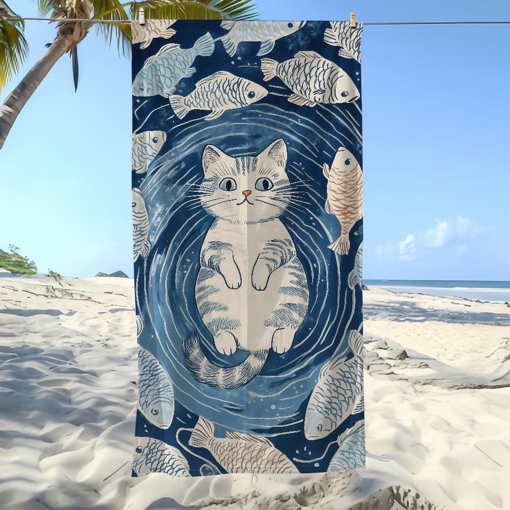 Fish Towel Textile Bathrobe Beach Pattern Quick-Drying Funny Cat Lightweight Portable Retro Camping Swim Pool Travel