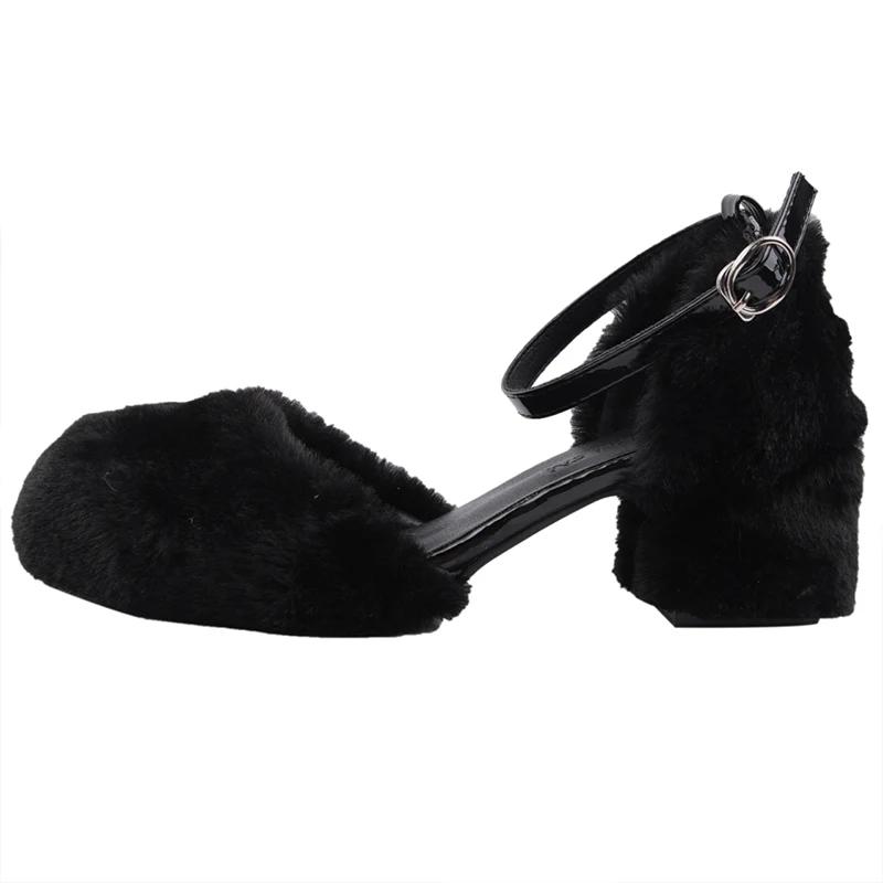 Fur Women Mary Janes Shoes Designer Shallow Mid Heels Pumps Autumn Fashon New Buckle Shoes 2024 Dress Party Zapatillas Mujer
