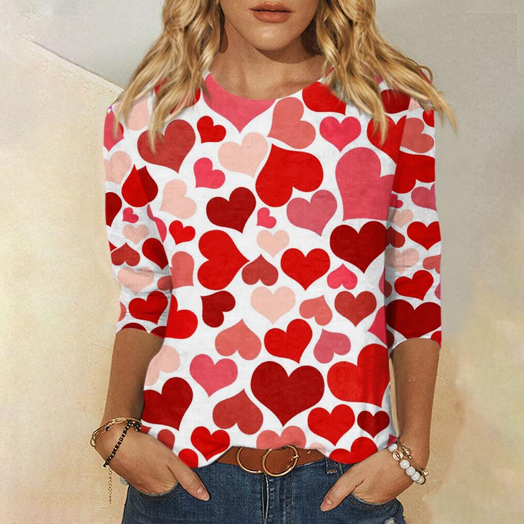 Женская мода, повседневная свободная футболка с принтом на День святого Валентина и круглым вырезом, рукав 3/4, женский топ
