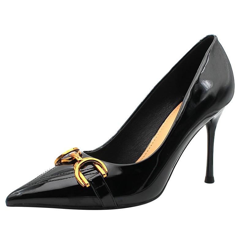 Fashion Metal Buckle Slip-on High Heels Autumn New Pointed Toe Shallow Mouth Anti-slip Wear-resistant Stiletto Shoes