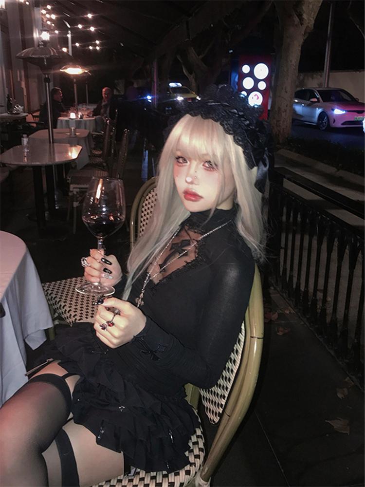 Водолазка Топ Y2k Одежда Черный Готический Крест Полый Утягивающий Низ Футболка для Женщин Длинный Рукав Сексуальная Футболка Топы Для Девочек