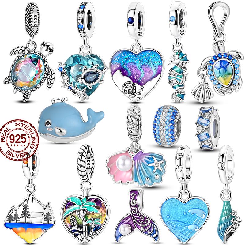 Summer Ocean Series Beads 925 Sterling Silver Turtle Charms Blue Heart Dangle For Women Fit Original Bracelet DIY Jewelry Gift
