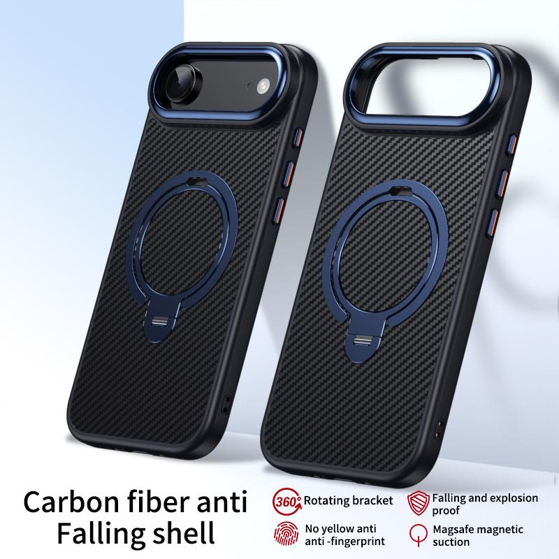 Вращающаяся подставка из углеродного волокна Магнитный чехол для телефона Magsafe Для iPhone 17 16 15 14 13 12 Pro Max 17Air 16E Металлическая рамка камеры Кнопка