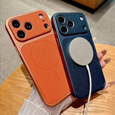 Роскошный кожаный чехол с узором личи для iPhone 17 16 15 14 13 Pro Max 16Pro Чехол с поддержкой беспроводной зарядки Magsafe