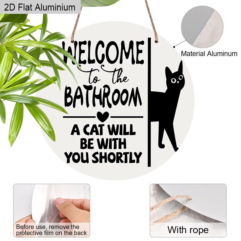 2D Flat Aluminium Bathroom Welcome Sign with Black Cat Pattern - Funny Decorative Sign & Plaque - Ideal for Bathroom Wall Decoration - Home Hanging