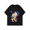 Women Casual Loose T Shirt Black Cartoon Boy With Blue Hat And Backpack Print For Everyday Wear