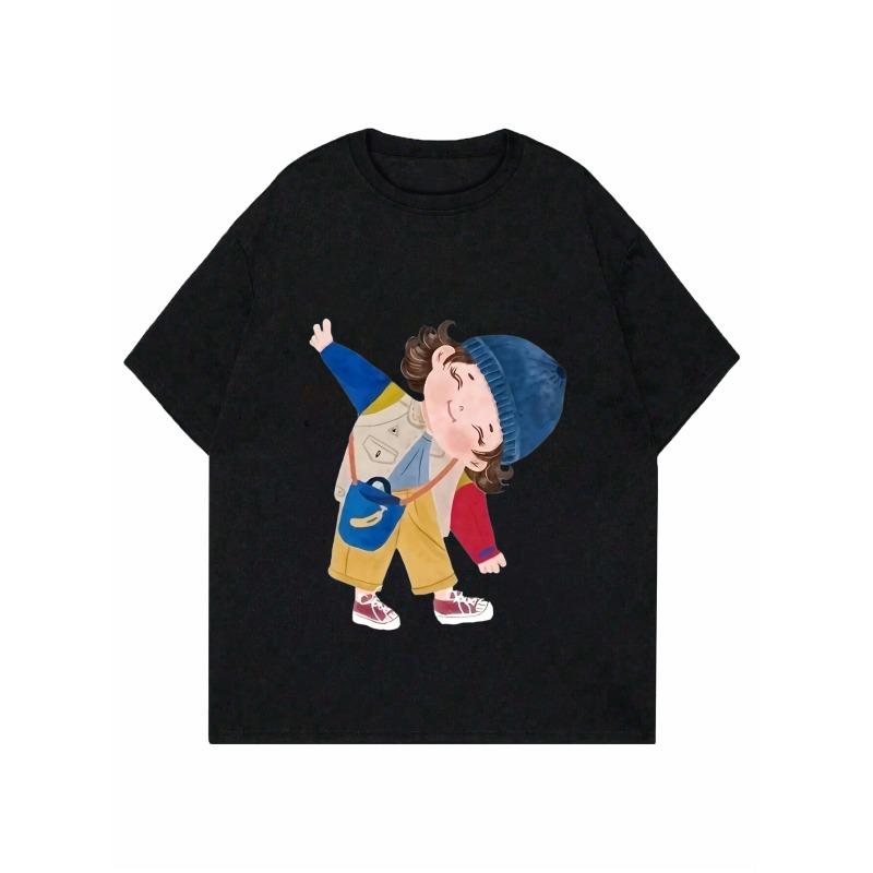Women Casual Loose T Shirt Black Cartoon Boy With Blue Hat And Backpack Print For Everyday Wear