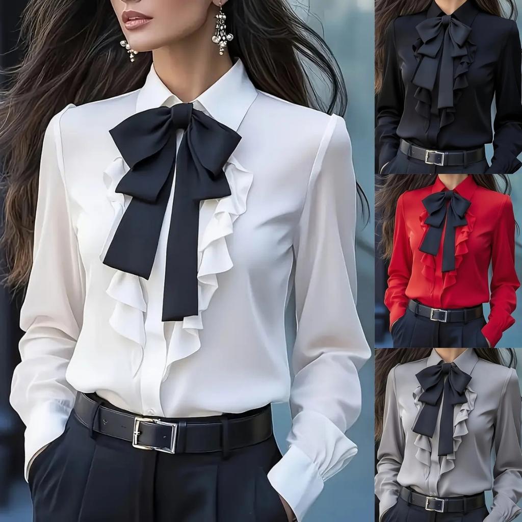 Women Autumn Blouses and Shirts Solid Color Long Sleeve Bow Decoration Casual Business Workwear Shirts Tops