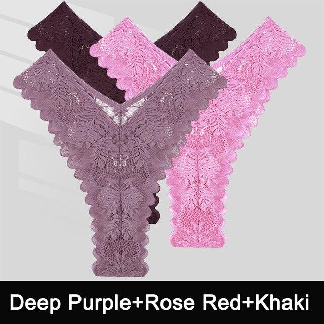 FINTOO 3PCS/Set Sexy V Waist Floral Lace Women Panties Perspective Underwear Thongs Brazilian Briefs Lingerie Comfort Female Underpants