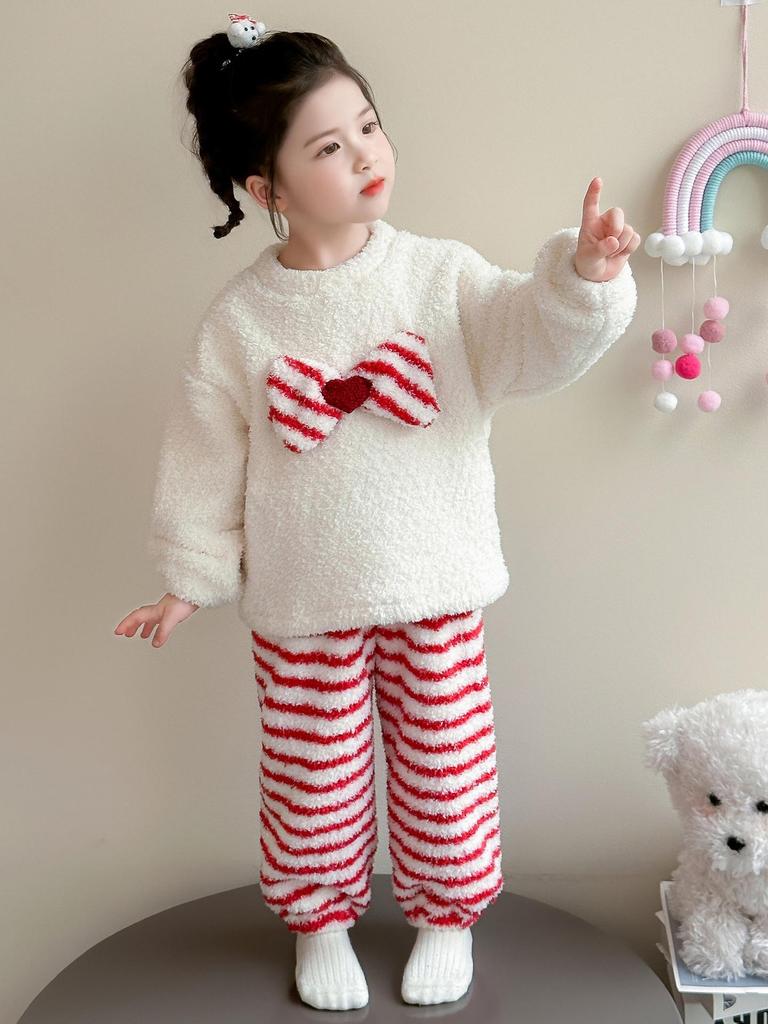 Комплект фланелевой пижамы в полоску с бантом для девочек - Уютная осенне-зимняя домашняя одежда для малышей 2025