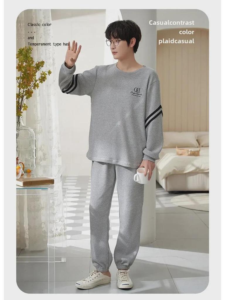 Мужская свободная вафельная пижама с рисунком из мультфильма - длинный рукав, чистый хлопок, большой размер