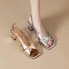Fashion 2025Summer Women Hollow Out Design Retro Mid Heels Sandals Square Toe Pu Leather Shoes Gold Silver Elegant Party Pumps for