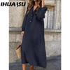 IHUASU Женская мода весна осень однотонный принт с длинным рукавом и высокой талией повседневные платья