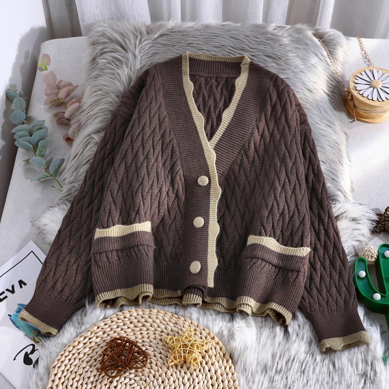 Короткий вязаный кардиган женский весна и осень корейский свободный длинный рукав с v-образным вырезом повседневный свежий свитер кардиган женское пальто